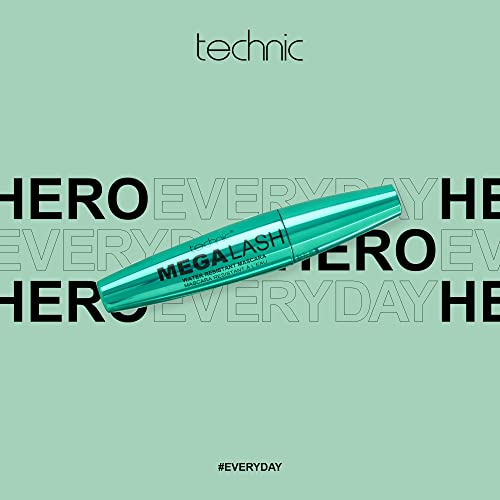 Technic Mega Lash Water Resistant Mascara - Vegan, Ultra Black, Water Resistant, Hard wearing, Smudge-Proof, Lash Building Formula For Volume Glam Lashes - 12ml