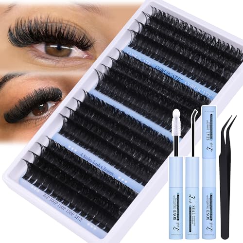 Cluster Lashes Kit Long 14-20mm Eyelashes Individual Kit 80D-150D Thick Lashes Individual Cluster Russian Strip Lash D Curl DIY Lash Extension 284pcs with Lash Bond and Seal Tweezers