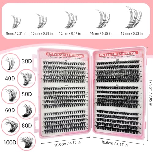 580 Pieces Individual Eyelashes 30-40-50-60-80-100D Cluster Lashes Kit DIY Eye Lashes Fluffy Russian Eyelashes Extensions Curly Durable Eyelash Clusters for Girls and Women (8-16mm Mix)