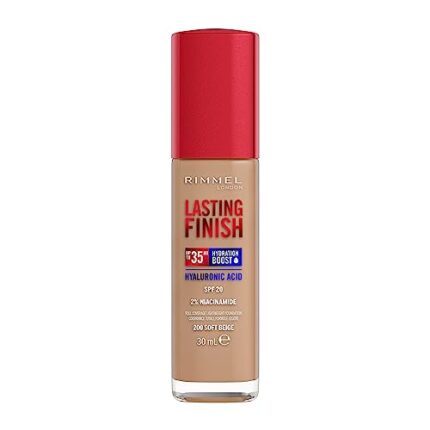 Rimmel Lasting Finish 35Hr Foundation 200 Soft Beige, Full Coverage, Hydrating, SPF20, Hyaluronic Acid, Vitamin E, 2% Niacinamide, All Day Wear, Vegan, Cruelty Free