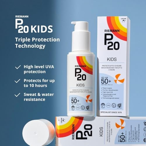Riemann P20 Sun cream/lotion for Kids (+1 yr) SPF50+. All day long, Once a day, Hydrating, Absorbs Fast, Long lasting, 5*UVA & UVB, protects up to 10hrs, water resistant up to 3hrs, no Octocrylene.