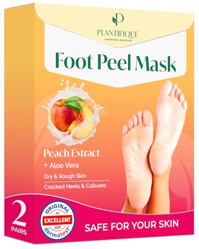 Plantifique Foot Peel Mask – 2 Pairs Exfoliating & Dermatologically Tested Foot Treatment, Removes Dead Skin & Repairs Heels for Soft Feet – Peach Scent, Gift for Women & Men