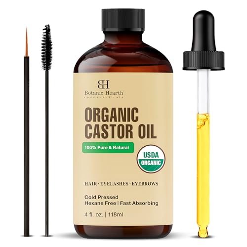 Castor Oil with Glass Bottle | USDA Certified Organic |100% Pure & Hexane Free | Cold Pressed | Growth for Eyelashes, Eyebrows, Hair | With Eyebrow & Eyelash Brush | 2 fl oz