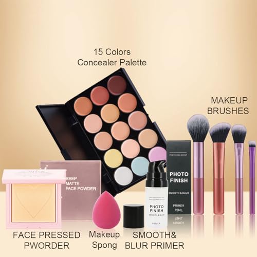Make Up Set，Professional Makeup Set, All In One Make Up Set For Women, Make Up Kit Includes 15 Colors Concealer Palette，Face Pressed Pworder，Makeup Sponge，Smooth & Blur Primer，Makeup Brushes