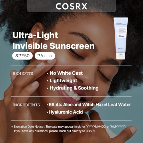COSRX Ultra-Light Invisible Sunscreen SPF 50 PA++++ Non Oily Sun Cream with Witch Hazel, Protects & Hydrate Against Sun, Extra High UV Protection, Daily Hydrating Sun Lotion Korean Skincare 50mL