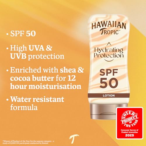 Hawaiian Tropic Hydrating Protection Sunscreen SPF 50 UVA Plus UVB Protection, 180 ml, 12-Hour Moisturisation with Cocoa & Shea Butter, Water Resistant, Vegan