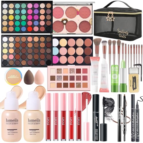 Makeup Kit for Girls, Teens & Women, Travel Makeup Set Includes Eyeshadow, Foundation, Blusher, Eyebrow Pencil, Mascara, Eyeliner, Brushes, Lip Gloss, Sponge with Mash Bag