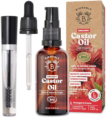 Organic Castor Oil 50ml - 100% Pure, Natural, Cold Pressed - Lashes, Eyebrows, Body, Hair, Beard, Nails - Vegan, Cruelty Free - Glass Bottle + Pipette + Pump + Mascara Kit