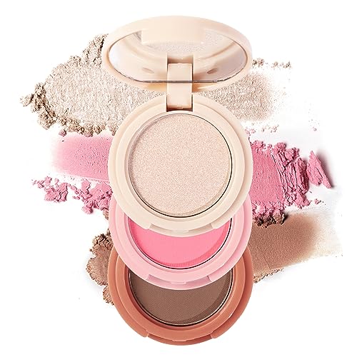 Erinde Mini Highlighter, Bronzer & Blush Powder Palette, Matte Shimmer Powder Makeup, Tiny Face Palette with Mirror All in One, Blendable, Travel Friendly, Cruelty Free, 3 Colours