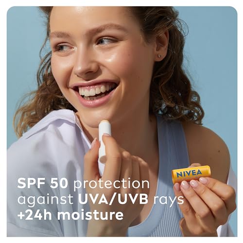 NIVEA SUN Protect Caring Lip Balm SPF50 (5.5ml), Factor 50 Lip Balm with Shea Butter, Protection Against UVA/UVB Rays with 24H Moisture, Lip Care, No White Cast