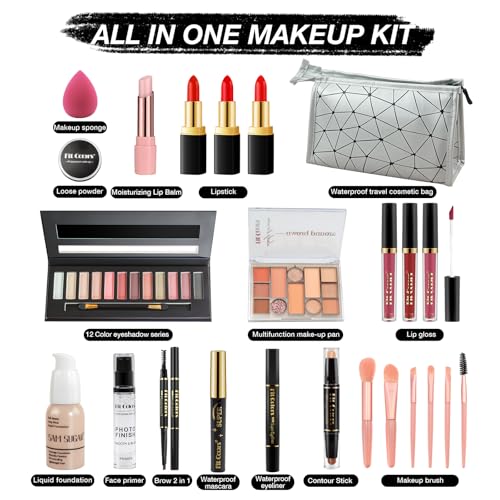All in one Makeup Set, Cosmetic Make Up Starter Kit With Storage Bag Portable Travel Make Up Palette Eyeshadow Foundation Lip Gloss Makeup Gift Set for Teenage & Adults(Kit A001)