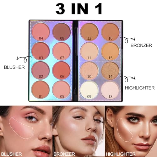 Erinde Blush Palette, Contour & Highlighter Pallet, Mineral Powder Blusher, All in One Makeup Palette for Cheeks, Face Bronzer, Shimmer & Matte Finish, Natural Glow, Blendable, Cruelty Free