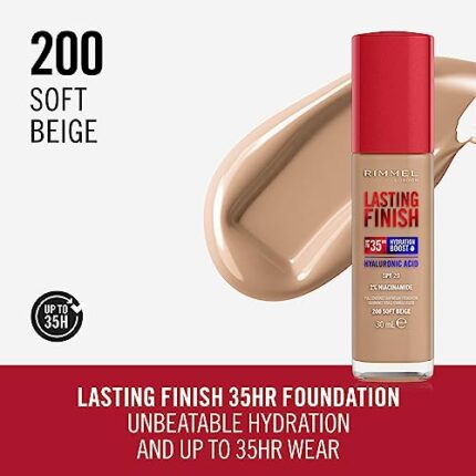 Rimmel Lasting Finish 35Hr Foundation 200 Soft Beige, Full Coverage, Hydrating, SPF20, Hyaluronic Acid, Vitamin E, 2% Niacinamide, All Day Wear, Vegan, Cruelty Free