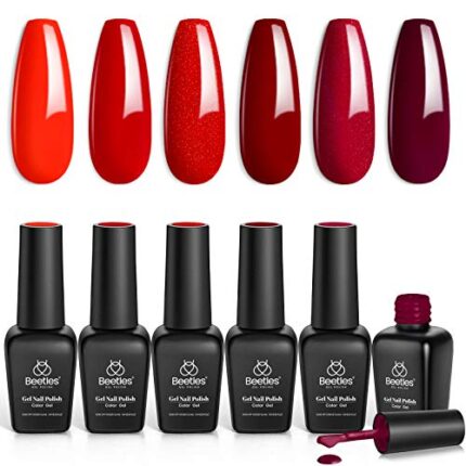 beetles Gel Polish- Bloody Mary Red Gel Nail Polish Set – 6 Pcs Shimmer Red Burgundy Glitter Nail Soak Off UV Kit Roses Manicure Design Gift for Women Girls